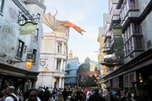 The entrance to the Diagon Alley Escape From Gringotts ride is located right underneath the dragon!