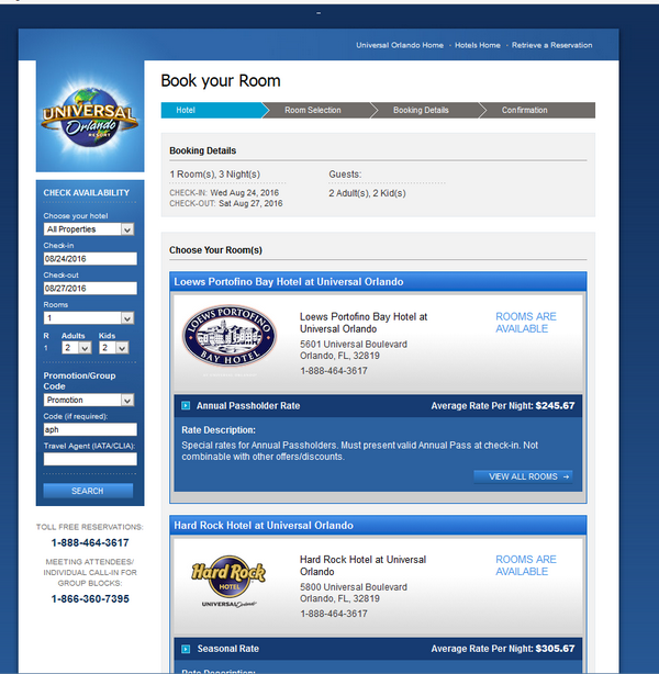 Universal Orlando Hotel Search Result Sample