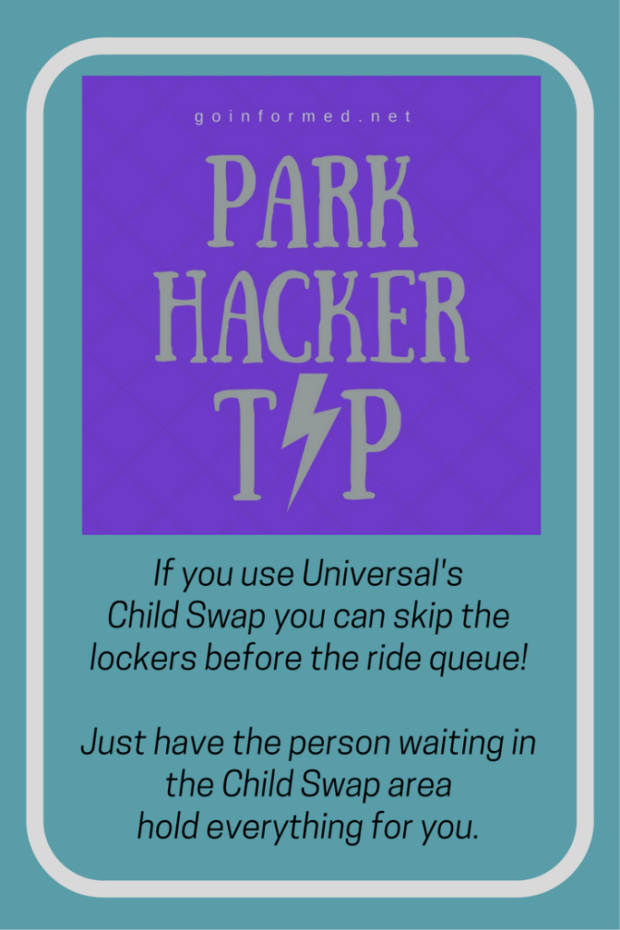 With child swap you don’t have to put your stuff in a locker before heading into the ride queue! Just have the person waiting in the child swap area hold it for you.