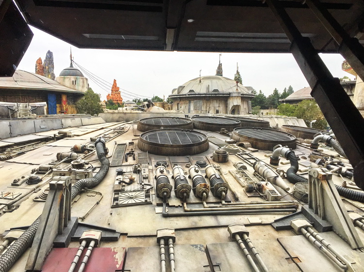 The queue for the Millennium Falcon ride includes breathtaking views of the Millennium Falcon.