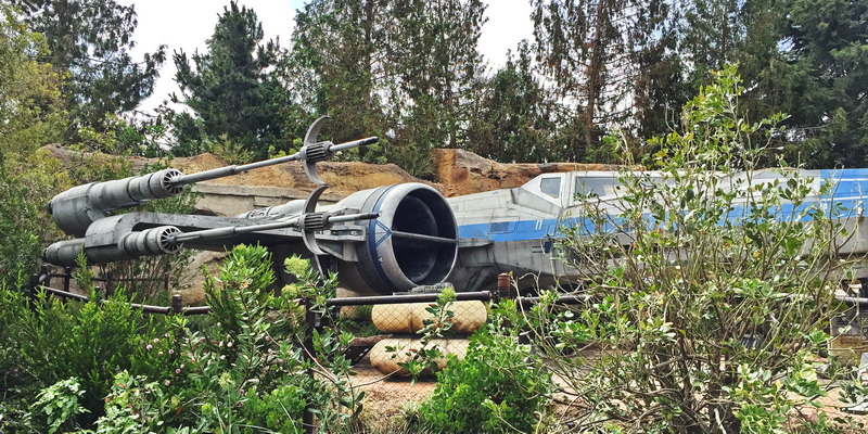Sheltered by trees and shrubs, you'll find a life-size X-wing fighter in the rebel end of Black Spire Outpost.