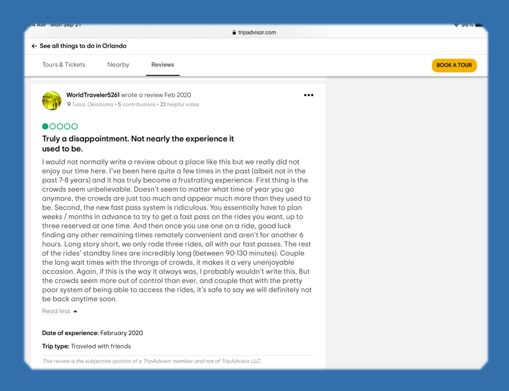 Disney World one-star TripAdvisor review