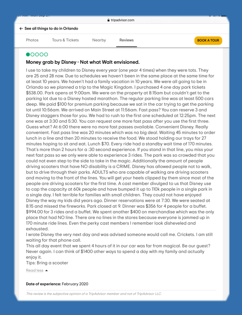 Disney World one-star TripAdvisor review