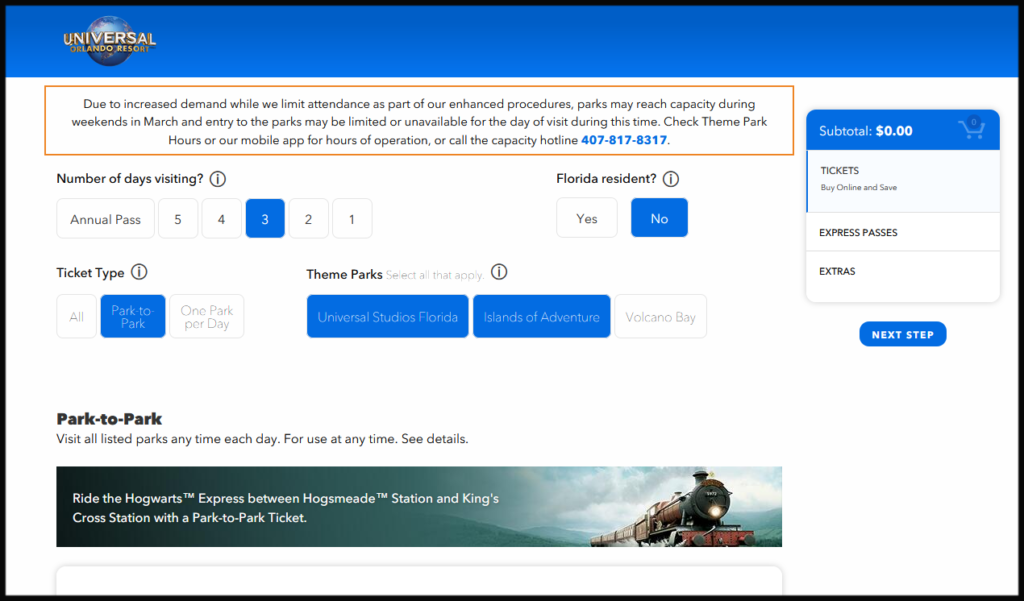 Universal Orlando park ticket purchase screen