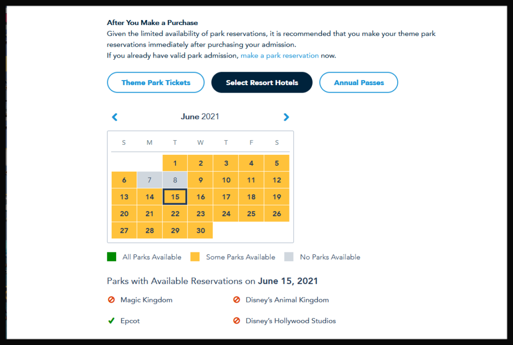 Disney World park reservations for June 2021