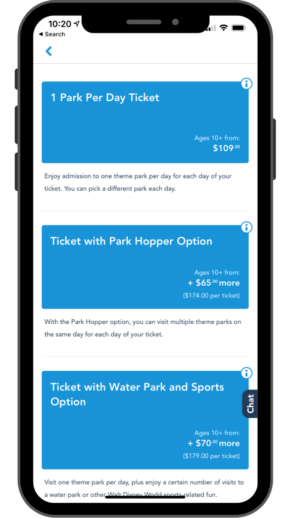 Disney World park ticket store mobile site