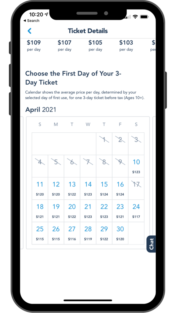 Screenshot of Disney World park ticket purchase on My Disney Experience app