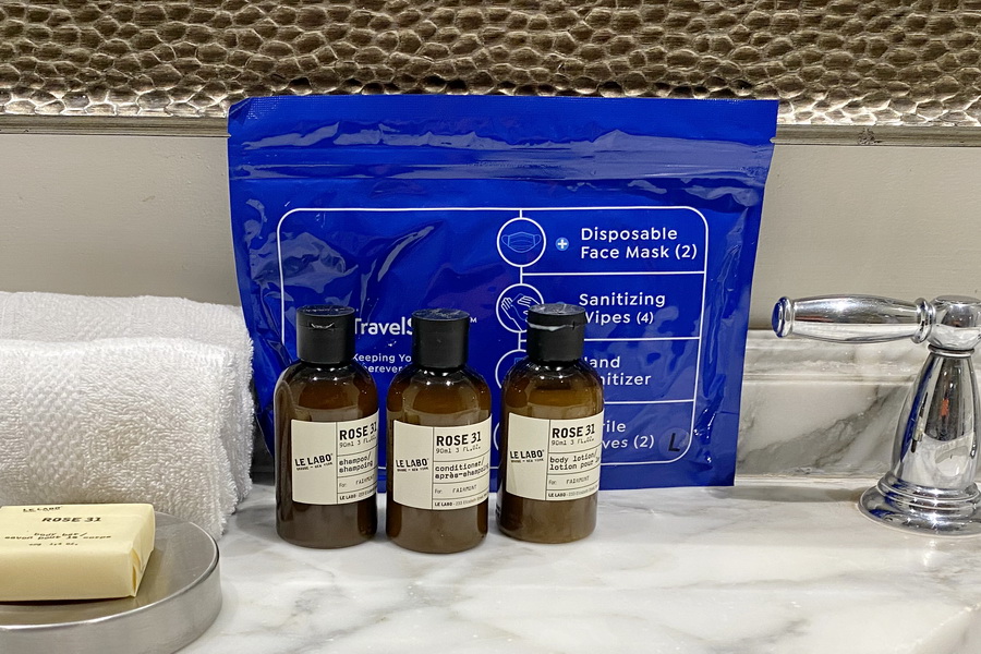 Complimentary PPE package in Fairmont Orchid bathroom
