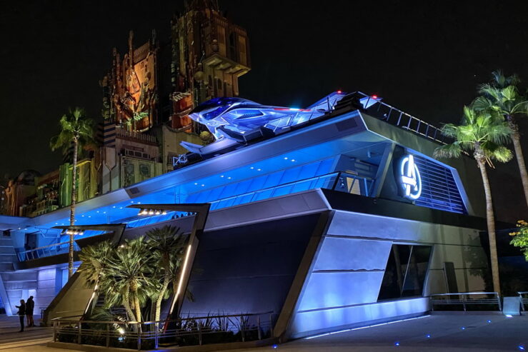 Avenger's headquarters with Quinjet on rooftop at Disneyland's Avengers Campus