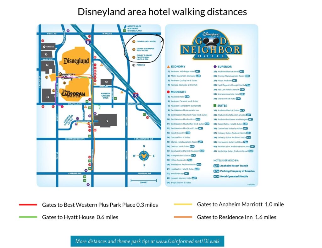 Disneyland good neighbor hotels map with walking distances